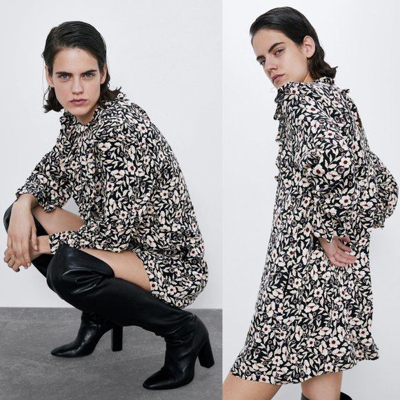 NEW Zara Ruffle Floral Printed Long Sleeves Dress - Picture 3 of 9